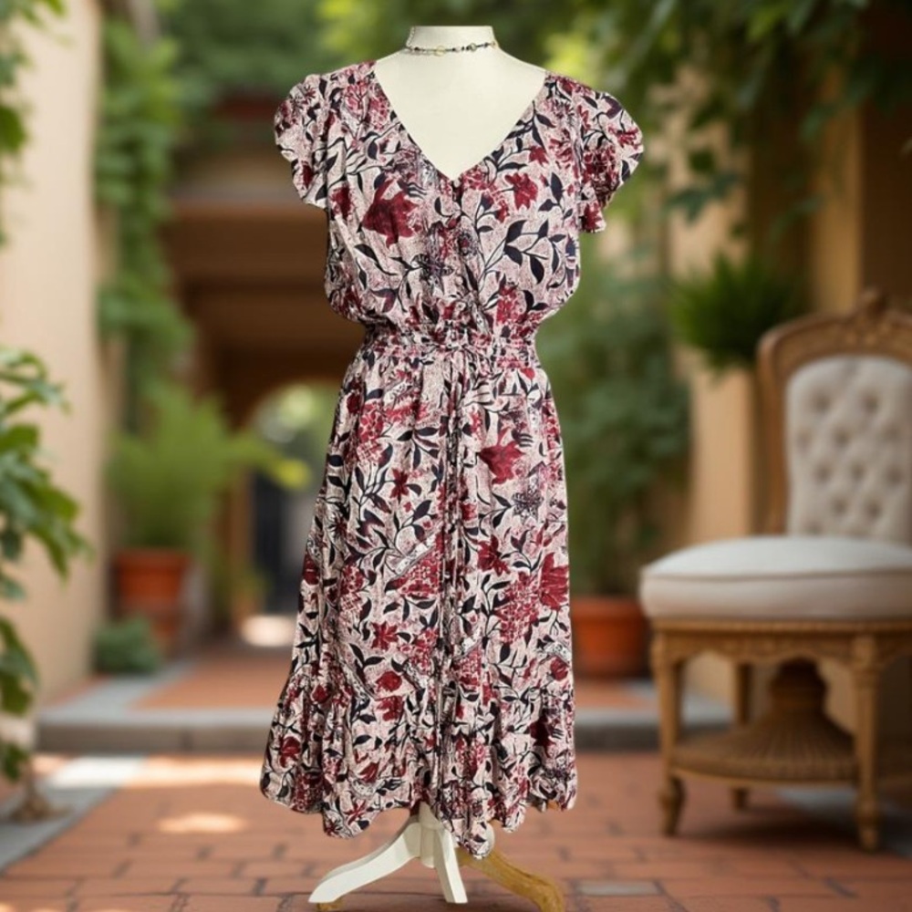 Lucky Brand Floral Dress high low short sleeves button down with half slip Large - Picture 11 of 12